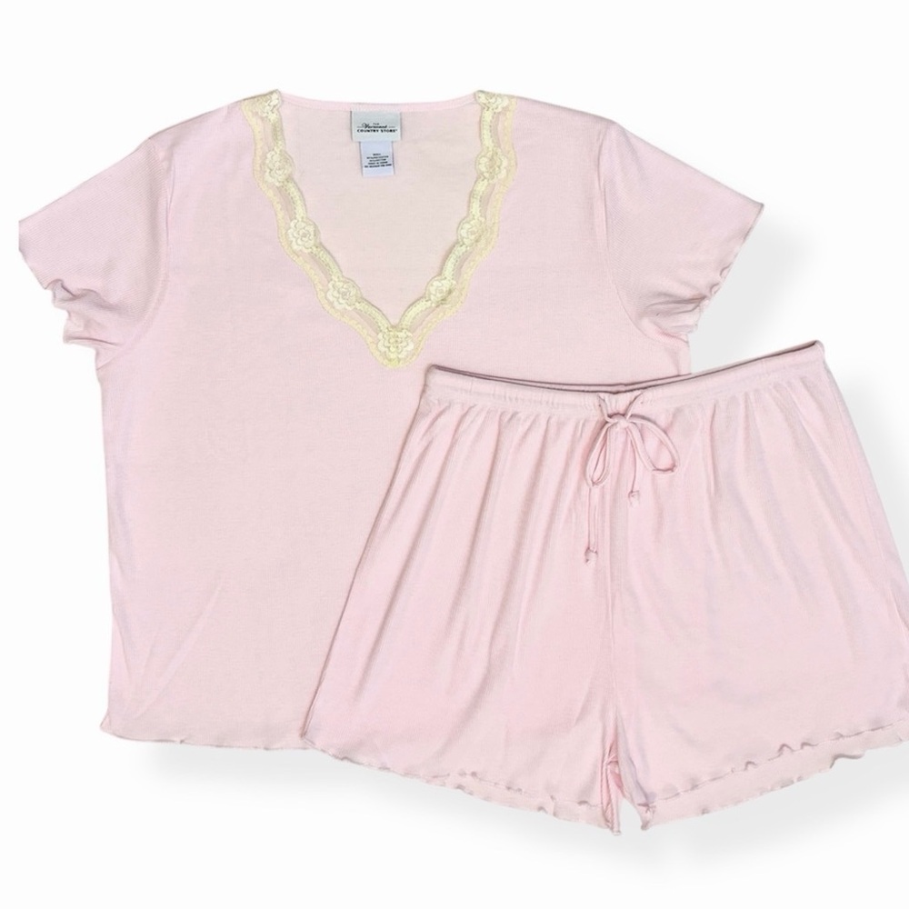 The Vermont Country Store Pink Lace Trim Pajama Set Size Large